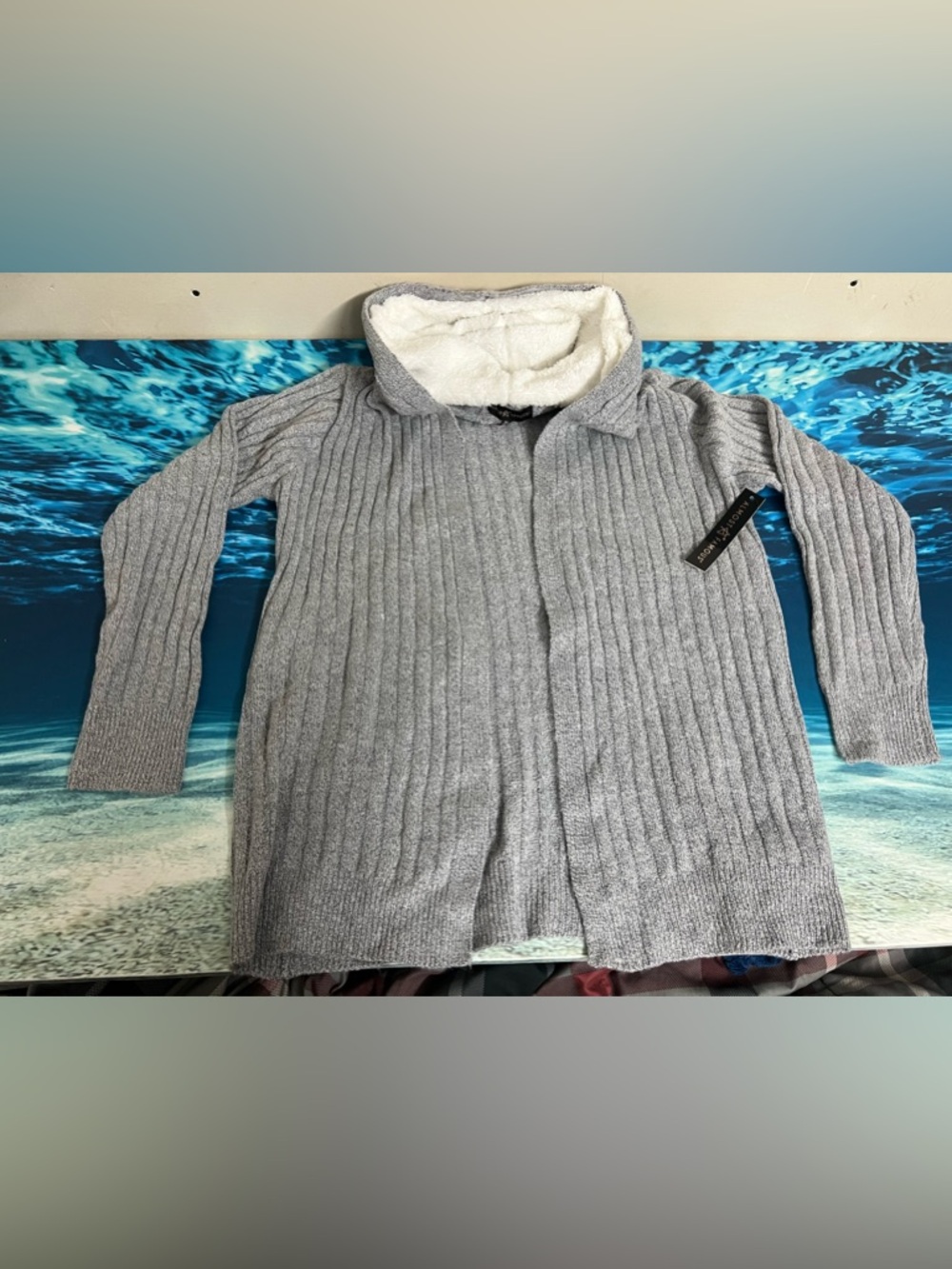 ❄️Almost Famous Gray Ribbed Cardigan with White Sherpa Collar